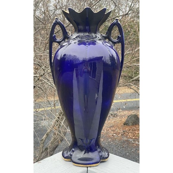 18 3/8" LARGE Antique Ceramic Vase 'Dudley' Transfer Print Cobalt Blue Gilt - Picture 15 of 16